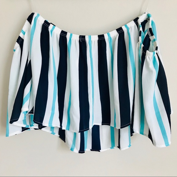 Navy/Mint Striped Off-the-shoulder Crop Top - Picture 4 of 5